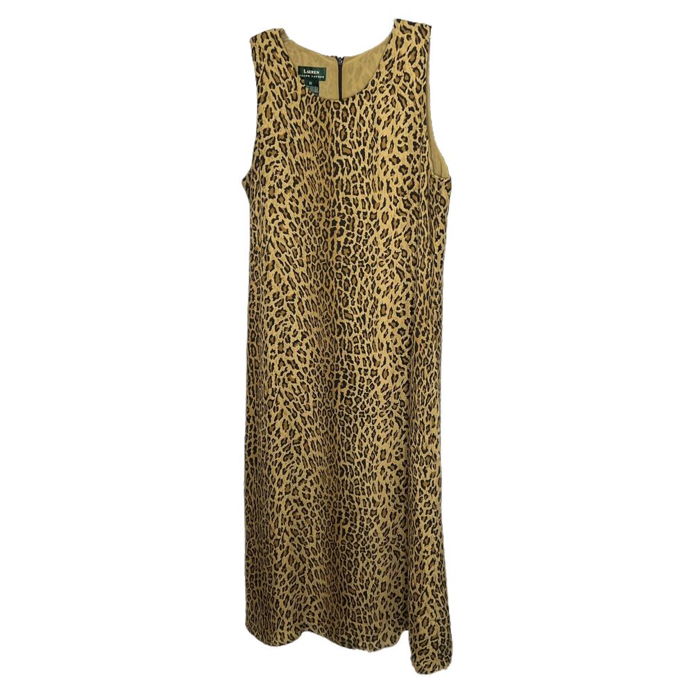 Lauren Ralph Lauren Women's Sz 14 Midi Sheath Dress Tan Cheetah Print Silk